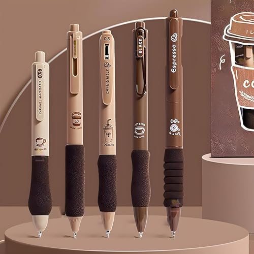 Shuttle Art 5 Pcs Coffee Theme Pen Set 0.5mm Blue Ink Retractable Pens with Soft Rubber Grip | Fine Point Smooth Writing Pens for Journaling, School, Office & Stationery Lovers - Image 4