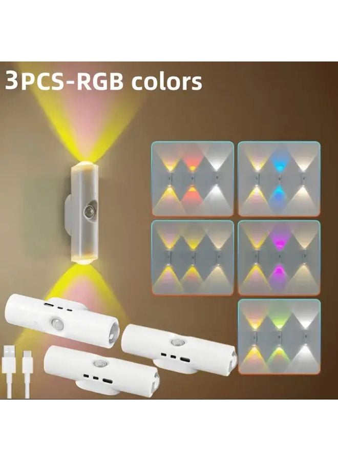 3 Pcs Mini LED Motion Sensor Wall Lights RGB Color Adjustable USB Rechargeable Indoor Nightlight - Image 2