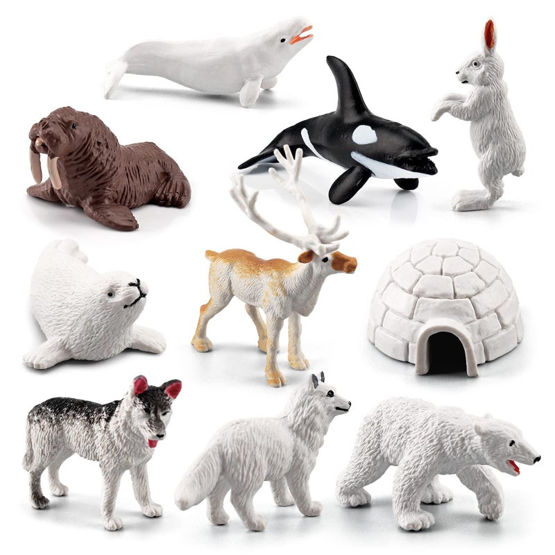 SCAHOW 10 PCS Arctic Animals Figures Polar Animals Figurines for Diorama School Project Arctic Tundra Animal Toys Set with Polar Bear Deer Arcitc Fox Wolf - Image 2