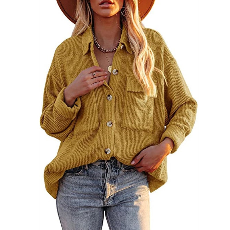 's autumn and winter new women's European and American solid color loose corduroy lapel double pocket long-sleeved shirt coat temperament yellow S - Image 1