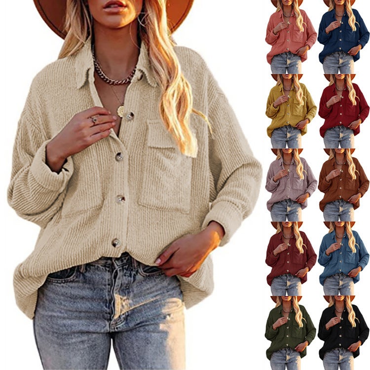 's autumn and winter new women's European and American solid color loose corduroy lapel double pocket long-sleeved shirt coat temperament yellow S - Image 2