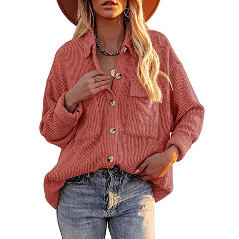 's autumn and winter new women's European and American solid color loose corduroy lapel double pocket long-sleeved shirt coat temperament yellow S - Image 5
