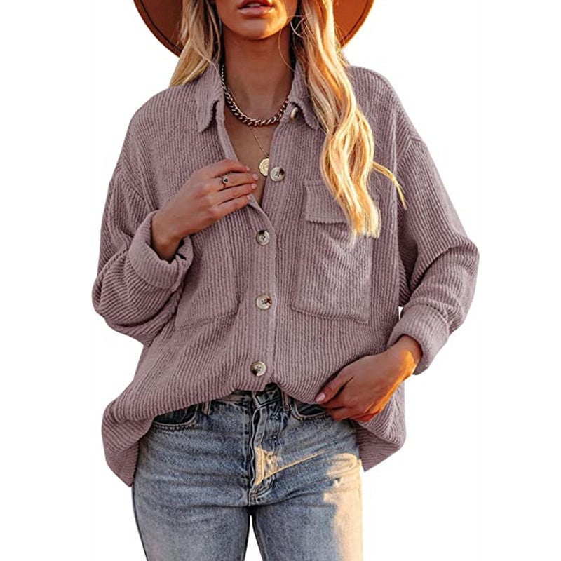 's autumn and winter new women's European and American solid color loose corduroy lapel double pocket long-sleeved shirt coat temperament yellow S - Image 4