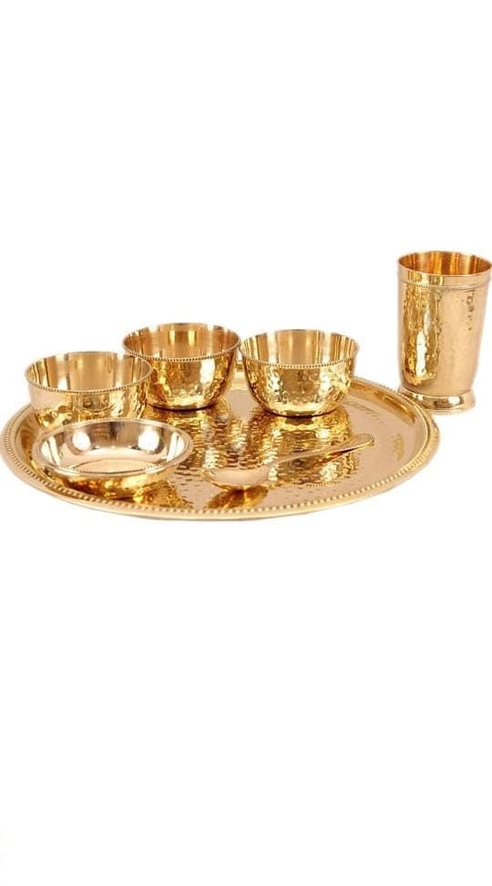 BONA FIDE - Unit of signature metal exports Bona Fide Brass Thali Set 7 Pieces Hammered Design Heavy Gauge Dinner Ware 12 Inch