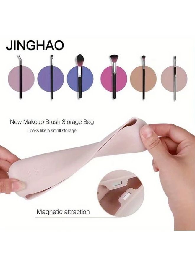 Pink Silicone Travel Makeup Brush Case Magnetic Closure Portable Cosmetic Organizer - Image 4