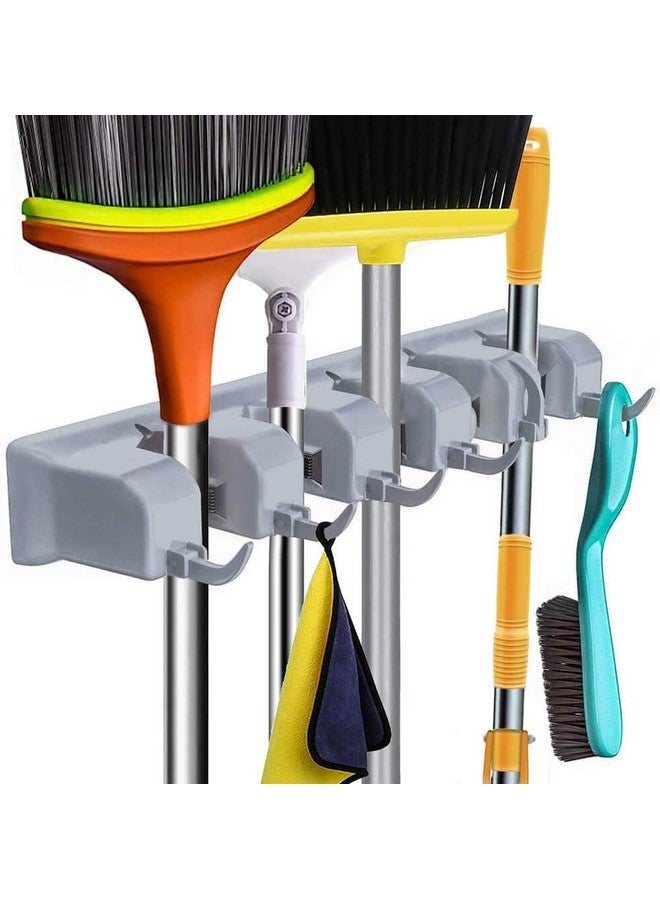 Volo Plastic Broom Organizer Non-Slip Mop Holder Wall Mount With 5 Position & 6 Hooks, Storage Solutions For Broom Holders, Broom Organizer For Garage Shelving.(Grey, Pack Of 1) - Hanging Shelves - Image 1