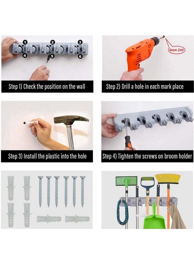 Volo Plastic Broom Organizer Non-Slip Mop Holder Wall Mount With 5 Position & 6 Hooks, Storage Solutions For Broom Holders, Broom Organizer For Garage Shelving.(Grey, Pack Of 1) - Hanging Shelves - Image 5