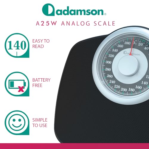 Adamson ميزان آدمسون A25T لوزن الجسم - حتى 400 رطل - قرص بقطر 5.3 بوصة على منصة 12.4" × 10.2" - سطح مطاطي مضاد للانزلاق - ميزان حمام تناظري عالي الدقة - متين مع ضمان لمدة 20 عامًا - Image 3