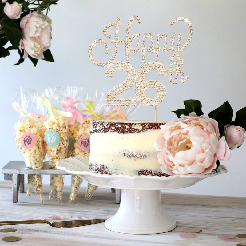 Lingteer Happy 26th Birthday Gold Rhinestone Cake Topper - Heaits to 26th Birthday 26 yeary Anniversary Cake Cake Cakeedces Topper Decorations Displations. - Image 4