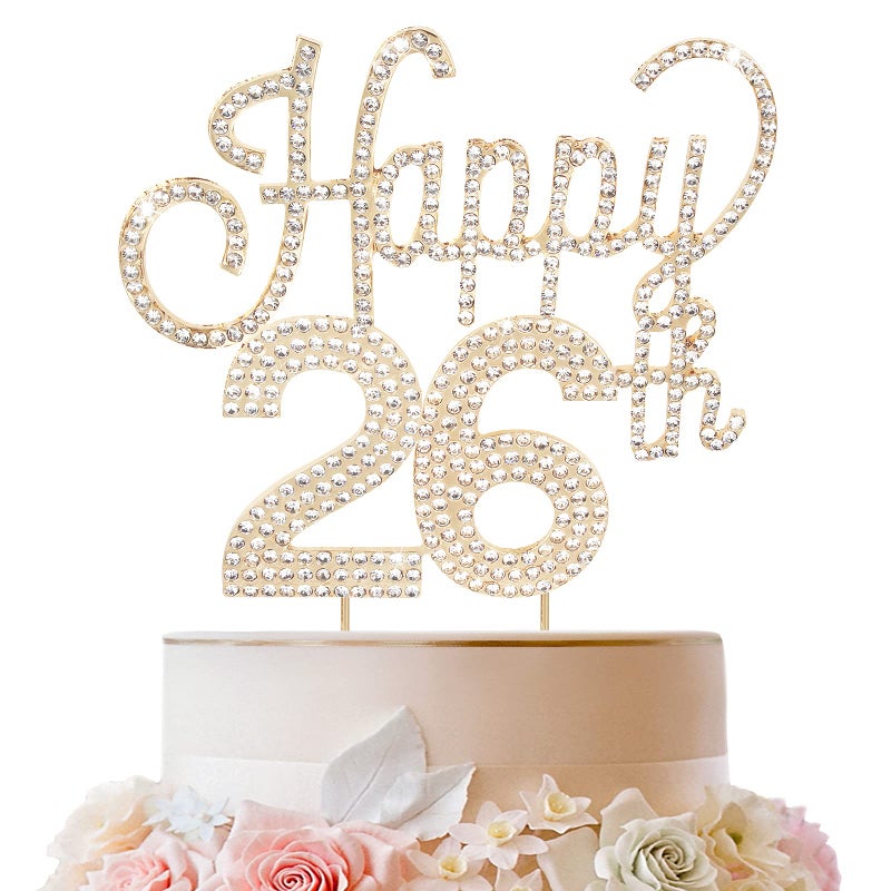 Lingteer Happy 26th Birthday Gold Rhinestone Cake Topper - Heaits to 26th Birthday 26 yeary Anniversary Cake Cake Cakeedces Topper Decorations Displations. - Image 1