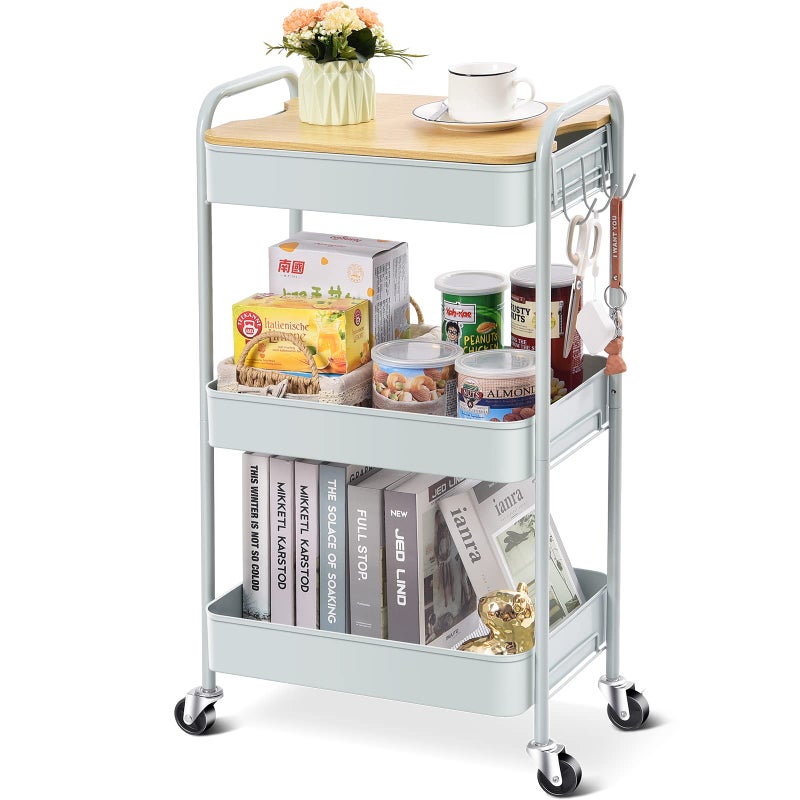 KINGRACK 3 Tier Metal Storage Trolley on Wheels with Removeable Wooden Worktop Trap Table Cover Beauty Book Craft Tea Art Trolley for Home Bathroom Kitchen Laundry No screws needed Easy