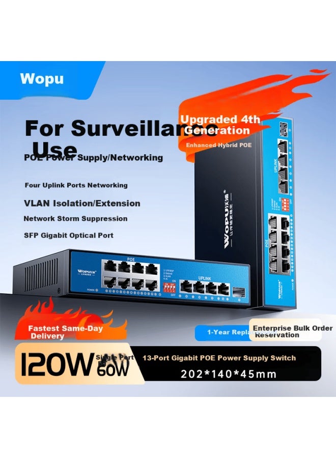 Wopu Poe Powered Switch Full Gigabit Enhanced Hybrid Surveillance Camera Power Multi-port Uplink 8-port 120w Da High Power Switch 8+4+1 Optical Djh841g