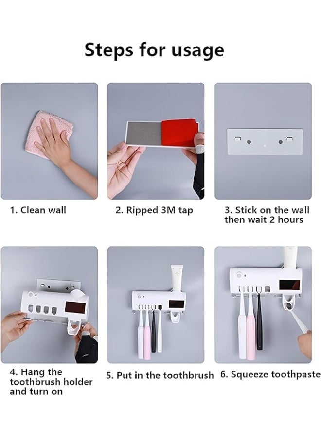 UV Toothbrush Holder with Automatic Toothpaste Dispenser – Wall Mounted Bathroom Organizer, UV Sterilizer for 4 Toothbrushes, Hands-Free Dustproof, No-Drill Family Bathroom Storage - Image 2