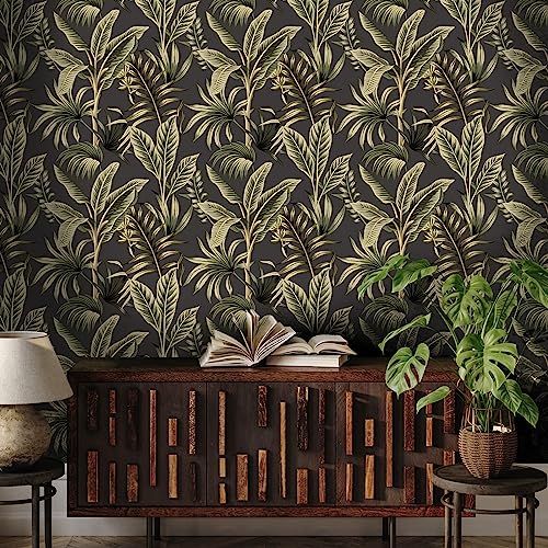 VaryStyle Tropical Wallpaper Peel and Stick Exotic Palm Tree Banana Leaf Wallpaper for Bedroom Bathroom Waterproof Vinyl Removable Self Adhesive Dark Jungle Contact Paper for Cabinets Walls 17.7"x118" - Image 2