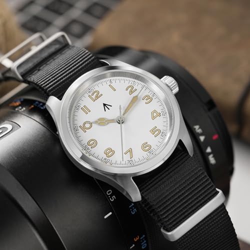 TACTICAL FROG Militado ML08 VH31 38mm Military Mens Watch Double Domed Sapphire Crystal C3 Green Light 10 ATM Waterproof Analog Watches for Men and Women (White Yellow Dial/Black Nylon Strap) - Image 2