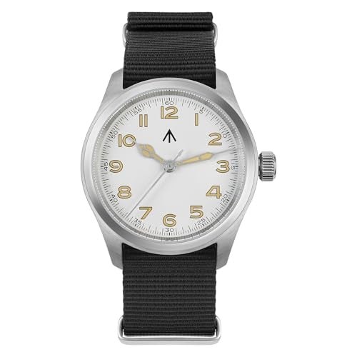 TACTICAL FROG Militado ML08 VH31 38mm Military Mens Watch Double Domed Sapphire Crystal C3 Green Light 10 ATM Waterproof Analog Watches for Men and Women (White Yellow Dial/Black Nylon Strap) - Image 1