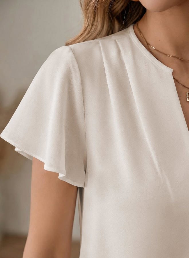 EVALESS Blouses for Women Dressy Casual Summer Ruffle Short Sleeve V Neck Work Tops Busines Office Shirts, Beige, M - Image 4