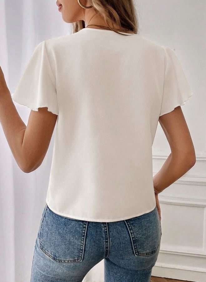 EVALESS Blouses for Women Dressy Casual Summer Ruffle Short Sleeve V Neck Work Tops Busines Office Shirts, Beige, M - Image 3