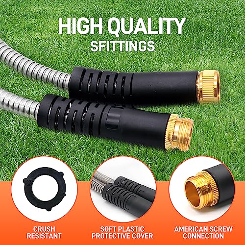Besiter Garden Hose 100FT Stainless Steel Water Hose with 10 Functions Adjustable Spray Nozzle, Heavy-Duty Metal Garden Hose Flexible Durable No-Tangle & Kink Leak Dog Proof Hose for Yard Lawn(Orange) - Image 2