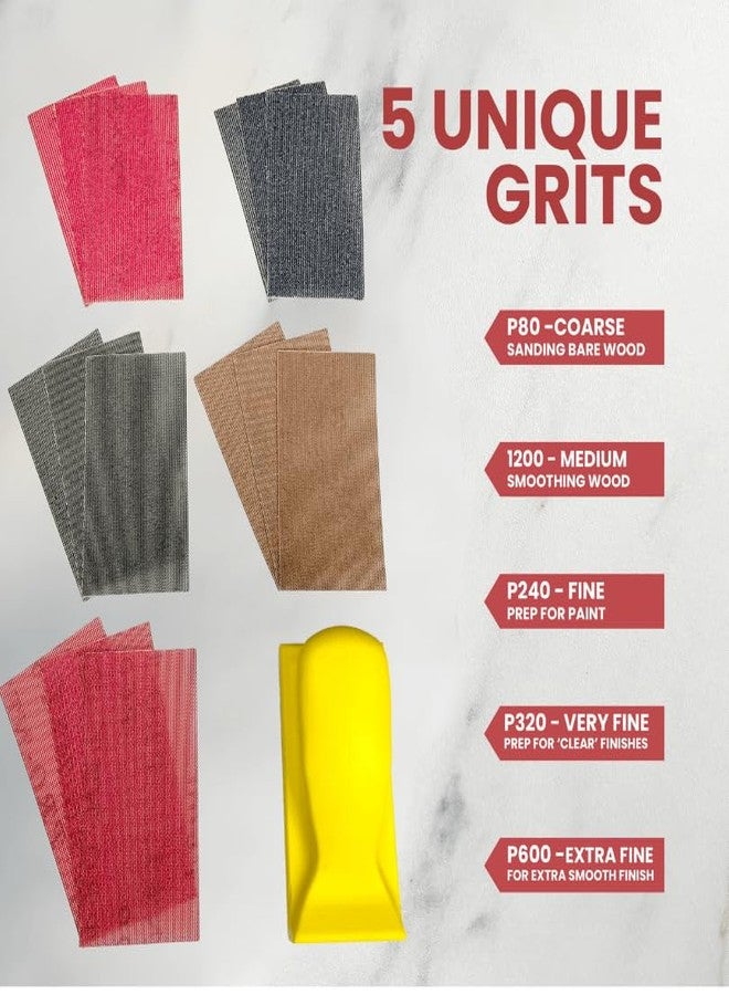 Scorch Marker Sanding Block Hand Sander Kit with Durable Mesh Net System, Handle, 5 Grits, Hook and Loop Design 16 PCS - Longer Lasting, Ergonomic, Re-Usable Sandpaper Kit - Image 3