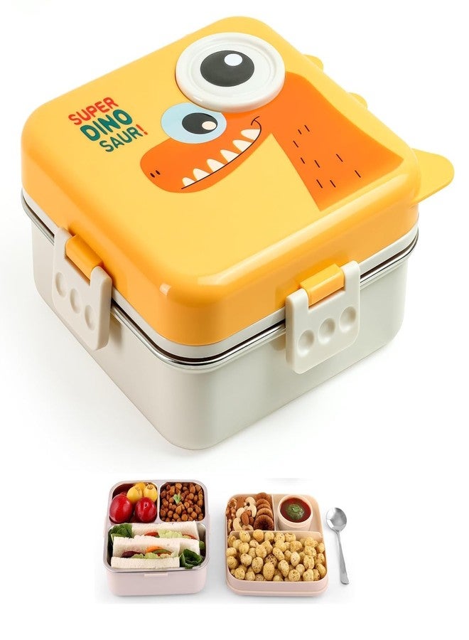 TOYTASTIC Yellow Kids Lunch Box – Stainless Steel Insulated Tiffin for School with Spoon, BPA-Free | Leak-Resistant Bento Box with Tray & Container | 800 ml (Yellow, Super Dinosaur) - Image 1