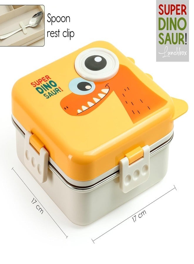 TOYTASTIC Yellow Kids Lunch Box – Stainless Steel Insulated Tiffin for School with Spoon, BPA-Free | Leak-Resistant Bento Box with Tray & Container | 800 ml (Yellow, Super Dinosaur) - Image 3