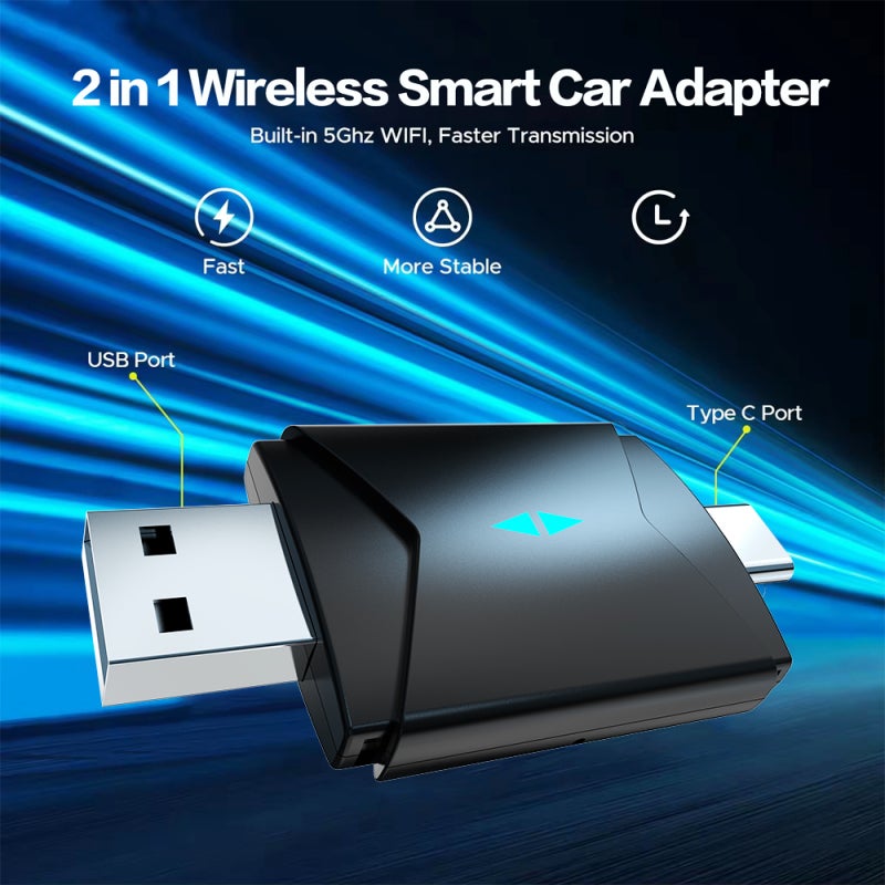 محول Carplay لاسلكي باللون الأسود، تصميم مضغوط يوفر المساحة، محول 2 في 1 - محول من سلكي إلى لاسلكي بشبكة واي فاي سريعة جدًا 5 غيغاهيرتز وبلوتوث 5.0 للمركبات التي تحتوي على Carplay/Android Auto سلكي مصنع - Image 5
