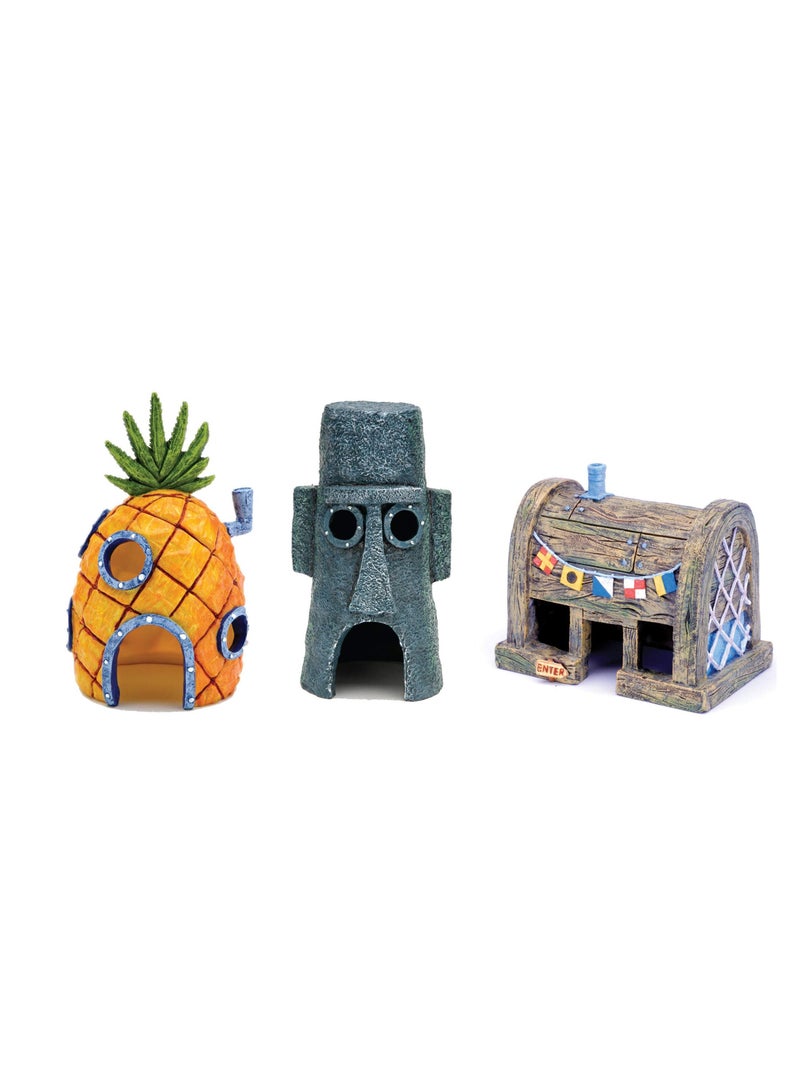Y&D SpongeBob Squarepant Pineapple House, Fish Tank Decoration Aquarium Ornament Bridge Landscape Decorative, 3 Pcs Cartoon House Home, Pineapple, Stone Statue and Burger - Image 1