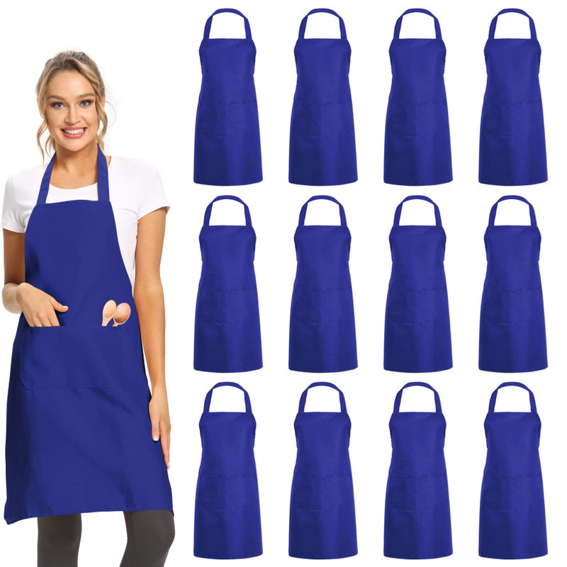 DUSKCOVE 12 Pack Plain Bib Aprons with 2 Pockets  Blue Unisex Commercial Apron Bulk for Kitchen Cooking Restaurant BBQ Painting Crafting
