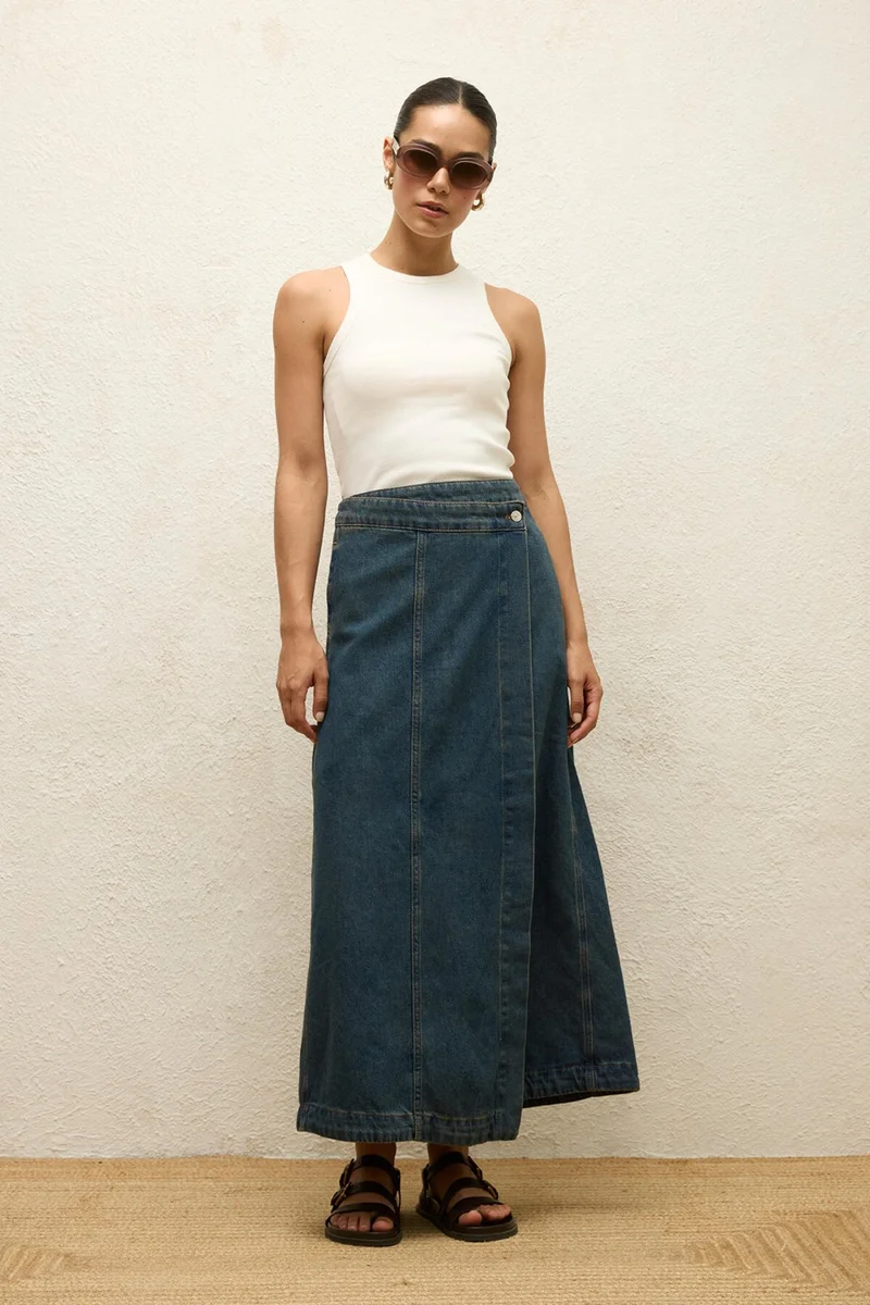 Manuka Wrap Denim Skirt Blue