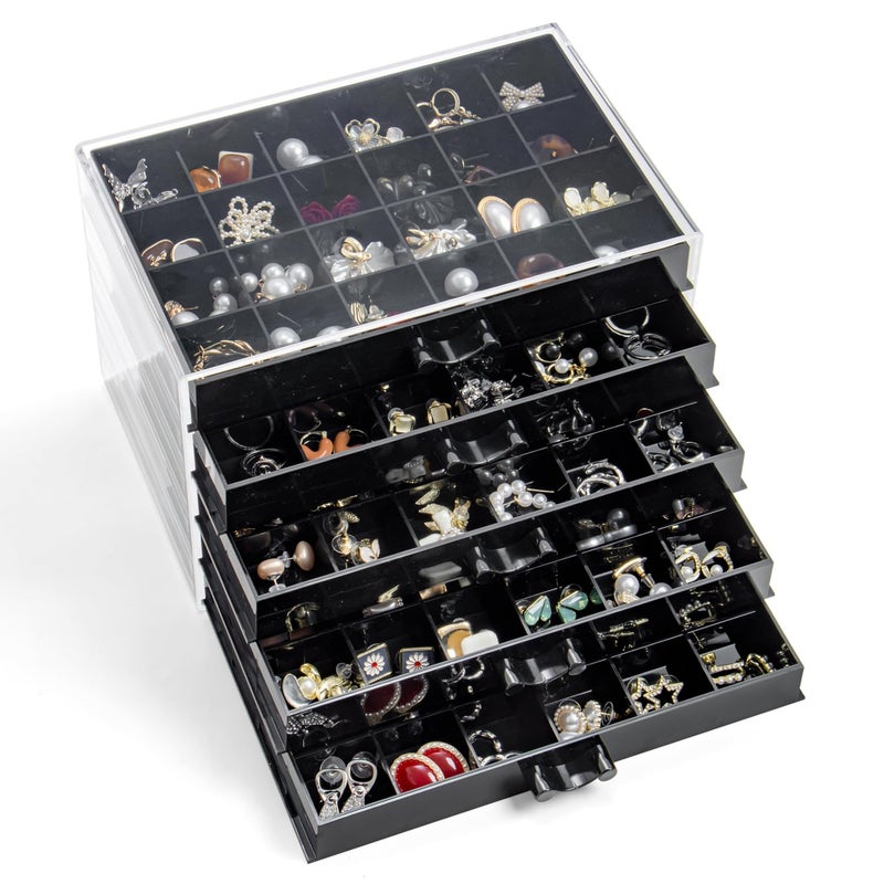 YUFONG Earring Storage Box Organizer, Acrylic Jewelry Storage Box Holder 5 Drawers Transparent Jewelry Display Stand with 120 Small Compartments Gift Boxes for Women Girls (Black) - Image 1