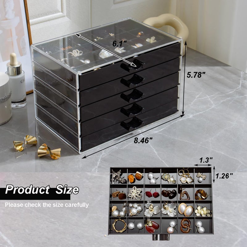 YUFONG Earring Storage Box Organizer, Acrylic Jewelry Storage Box Holder 5 Drawers Transparent Jewelry Display Stand with 120 Small Compartments Gift Boxes for Women Girls (Black) - Image 3