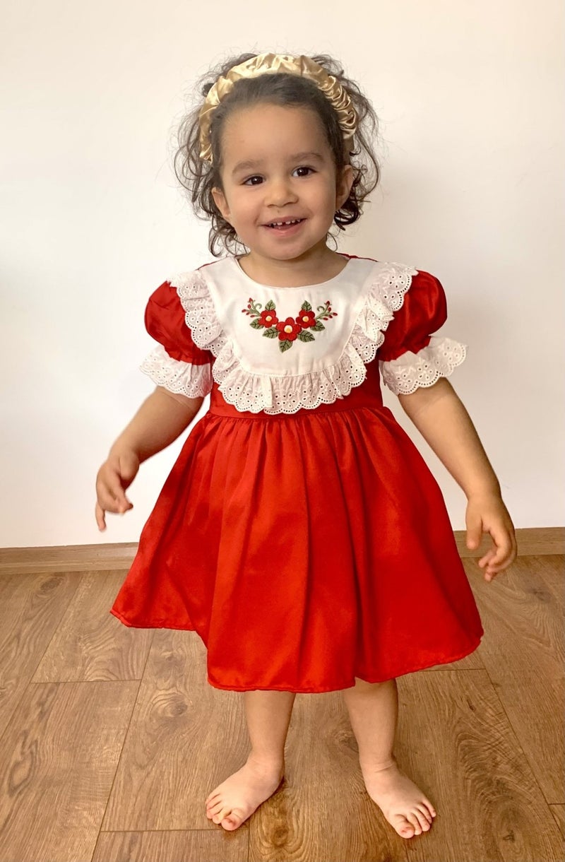 Mini Kiti Mini Kit Baby Girl Scalloped Floral Embroidered Lined Vintage Chic Holiday Birthday Special Occasion Red Dress - Image 1