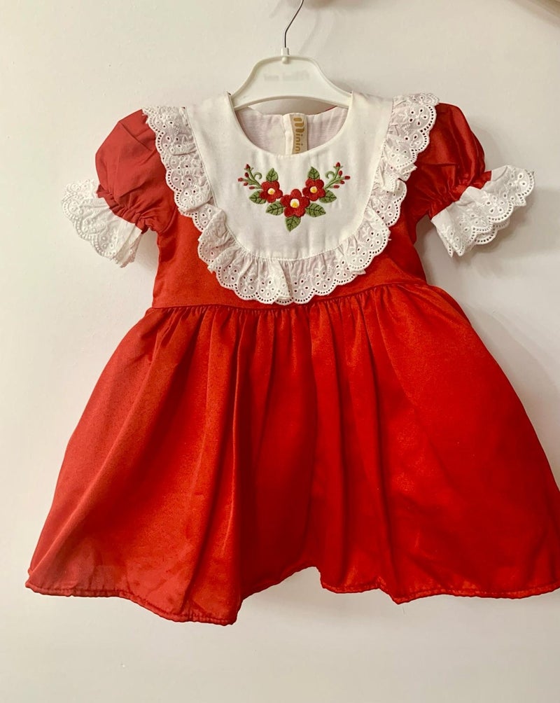 Mini Kiti Mini Kit Baby Girl Scalloped Floral Embroidered Lined Vintage Chic Holiday Birthday Special Occasion Red Dress - Image 3