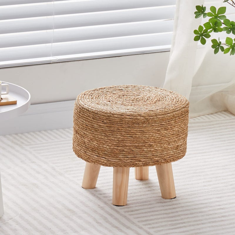 Cpintltr Foot Stool Natural Seagrass Hand Weave Poufs Round Ottoman for Couch Desk Soft Step Stool Padded Foot Rest with Non-Skid Pine Legs for Hallway Office Lounge Natural - Image 5