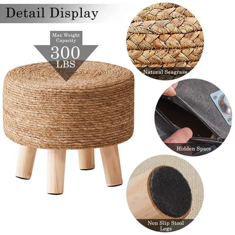 Cpintltr Foot Stool Natural Seagrass Hand Weave Poufs Round Ottoman for Couch Desk Soft Step Stool Padded Foot Rest with Non-Skid Pine Legs for Hallway Office Lounge Natural - Image 3