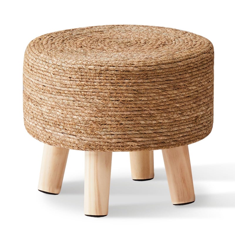 Cpintltr Foot Stool Natural Seagrass Hand Weave Poufs Round Ottoman for Couch Desk Soft Step Stool Padded Foot Rest with Non-Skid Pine Legs for Hallway Office Lounge Natural - Image 1