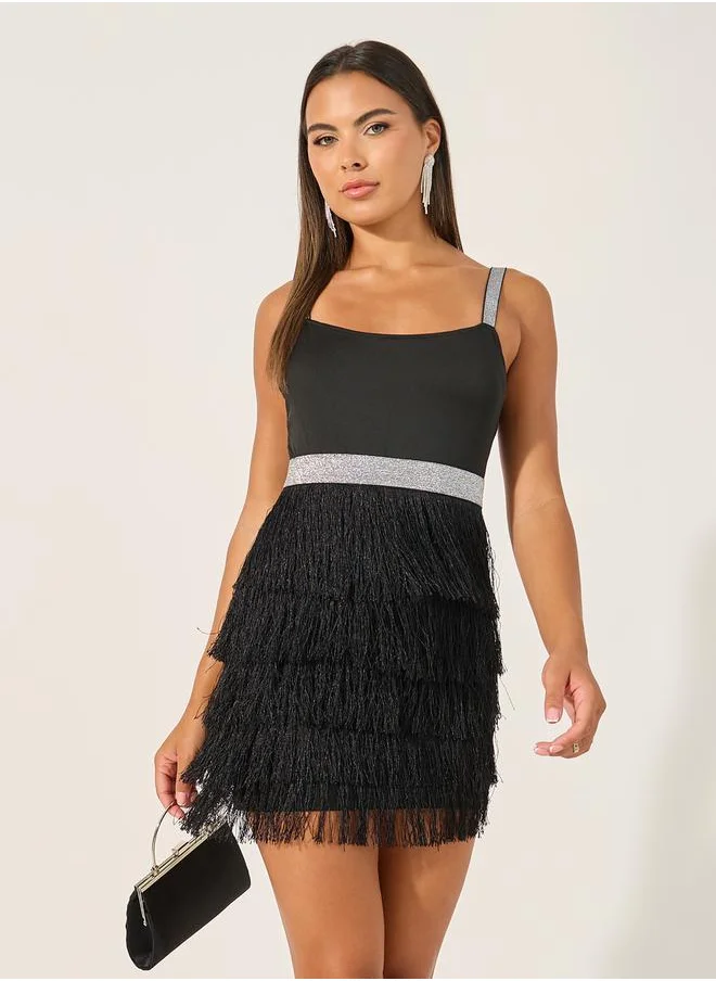 كوزى Fringed Hem and Sequined Strappy Mini Dress