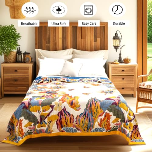 VANJOROY Boho Large Throw Blanket, 100% Organic Cotton Breathable Soft Bed King Throw - Fall Floral Bird Butterfly Farmhouse Decor Blanket for Sofa Couch Chair and Gift. 91" x 98" - Image 3