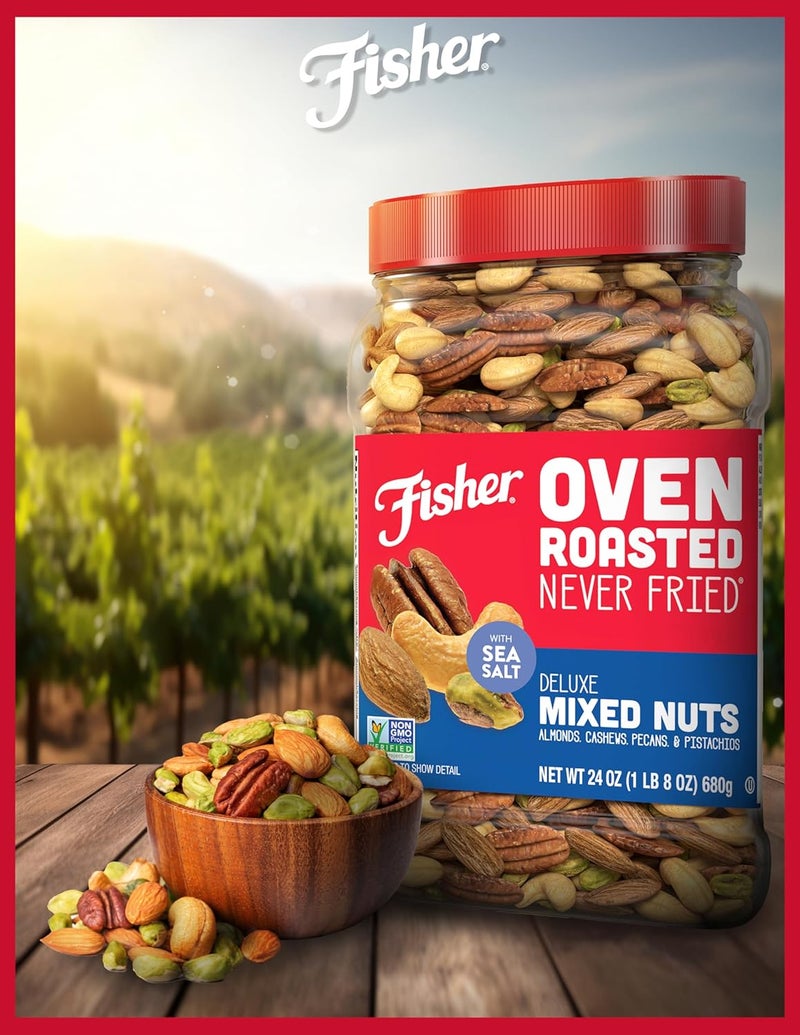 Fisher Oven Roasted Never Fried Deluxe Mixed Nuts - 24 Ounces - Almonds, Cashews, Pecans, Pistachios with Sea Salt - Image 5
