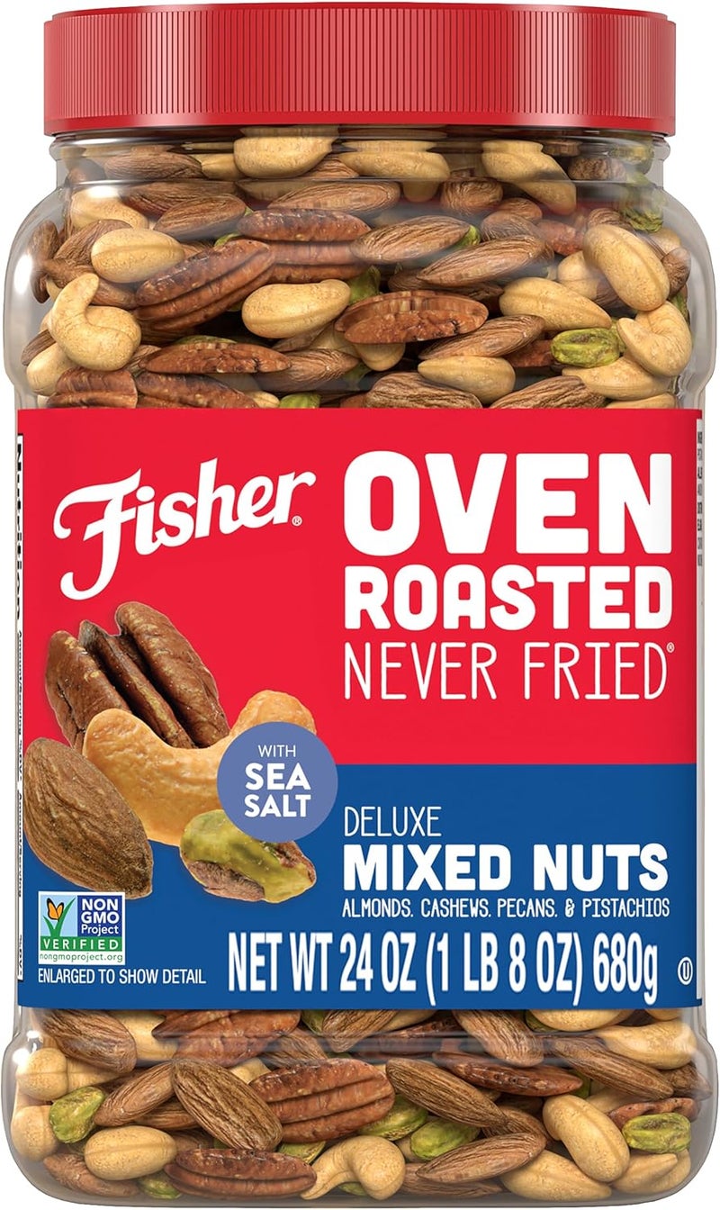Fisher Oven Roasted Never Fried Deluxe Mixed Nuts - 24 Ounces - Almonds, Cashews, Pecans, Pistachios with Sea Salt - Image 1