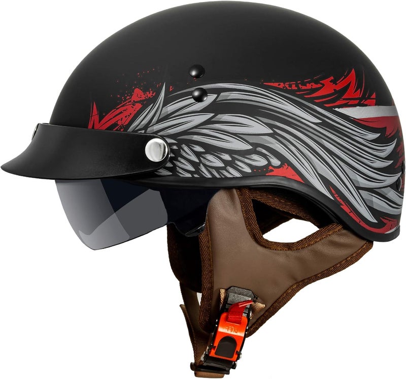 VCAN Cruiser Solid Flat Black Half Face Motorcycle Helmet with Drop-Down Sun Visor - Image 1