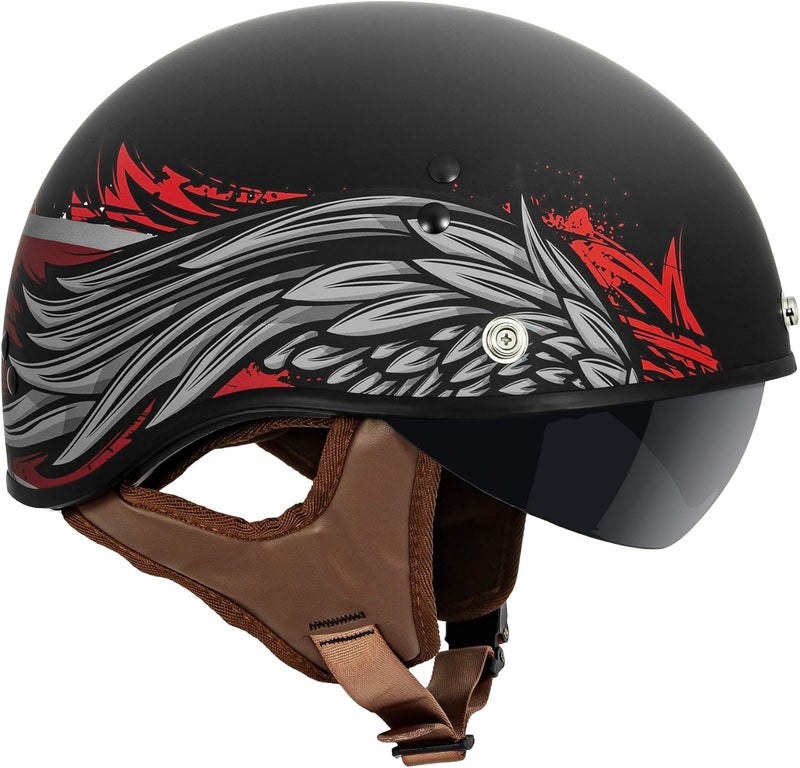 VCAN Cruiser Solid Flat Black Half Face Motorcycle Helmet with Drop-Down Sun Visor - Image 3