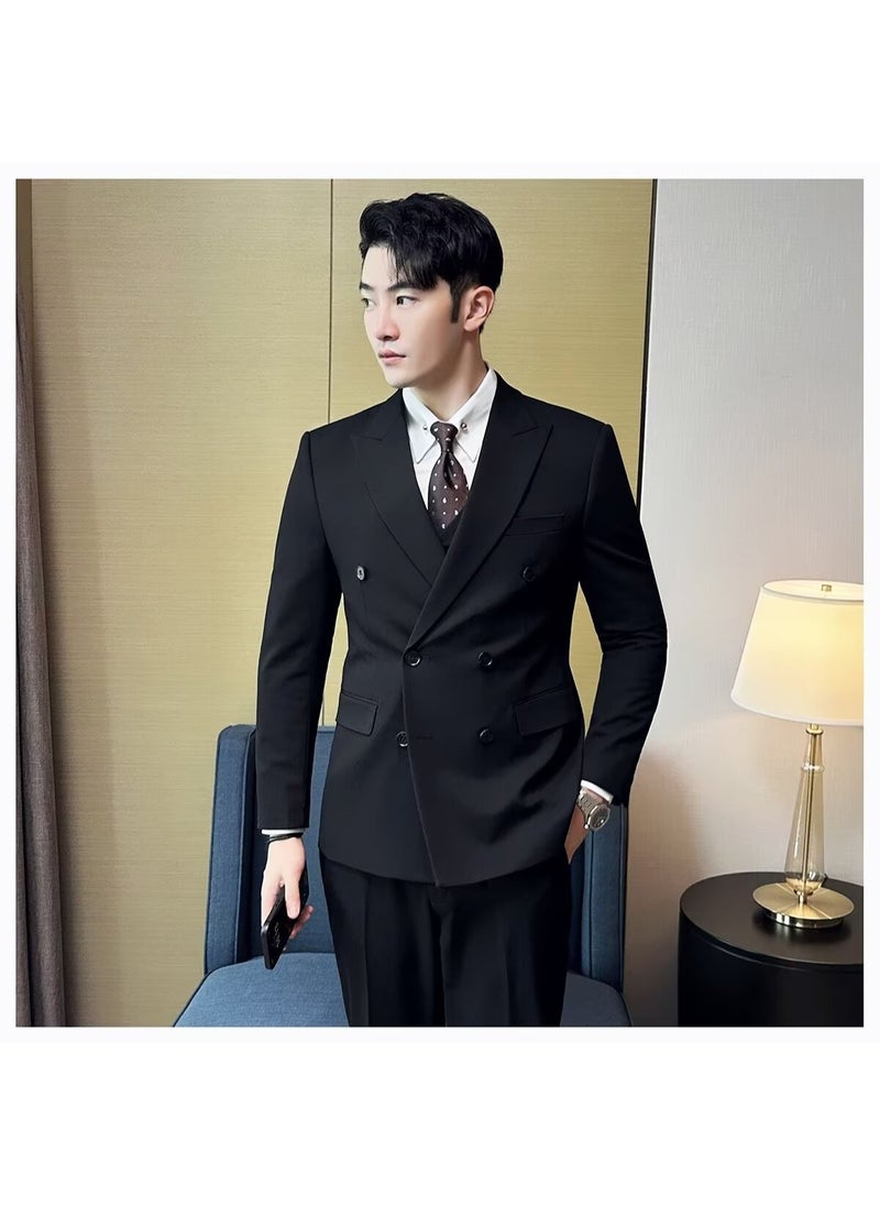 Generic Stylish British Double-Breasted Blazer for Business Black 