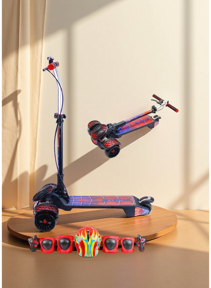 إيزي فيتشور سكوتر EASY FUTURE القابل للطي للأطفال بمقبض قابل لضبط الارتفاع، وعجلات LED من البولي يوريثان، وفرامل خلفية، وفرامل مقبض وموسيقى - مثالي للأعمار من 3 إلى 8 سنوات، بما في ذلك مجموعة معدات الحماية الكاملة - Image 1