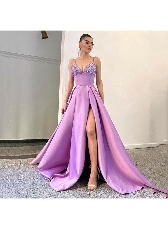 Spring And Summer New European And American Women's Dress Deep V Sequin Sling Split Dress