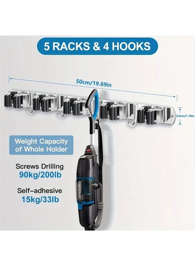 Stainless Steel Wall Mounted Mop Broom Holder With 5 Clips 4 Hooks Self Adhesive Silvery - Image 5