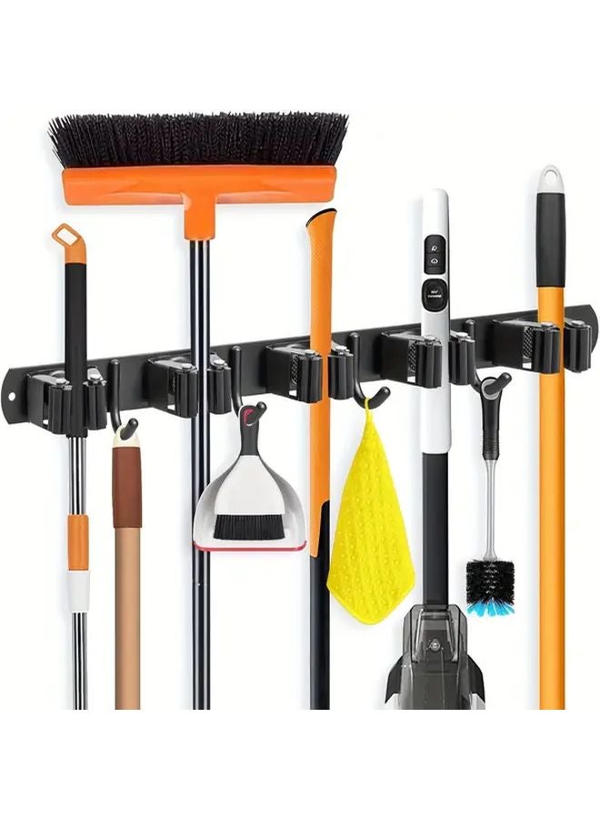 Stainless Steel Wall Mounted Mop Broom Holder With 5 Clips 4 Hooks Self Adhesive Silvery - Image 3