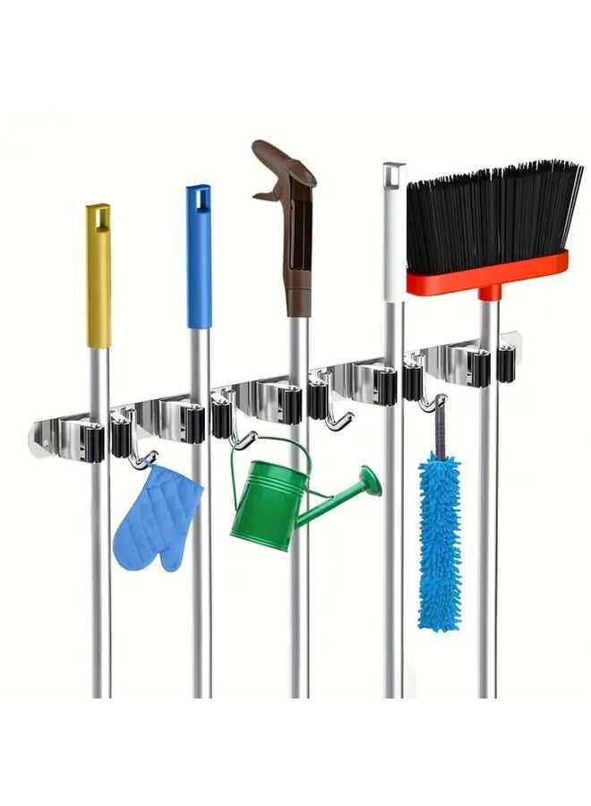 Stainless Steel Wall Mounted Mop Broom Holder With 5 Clips 4 Hooks Self Adhesive Silvery - Image 1