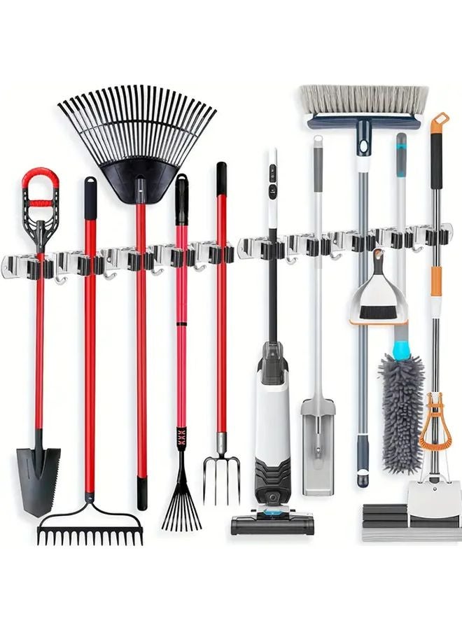 Stainless Steel Wall Mounted Mop Broom Holder With 5 Clips 4 Hooks Self Adhesive Silvery - Image 2